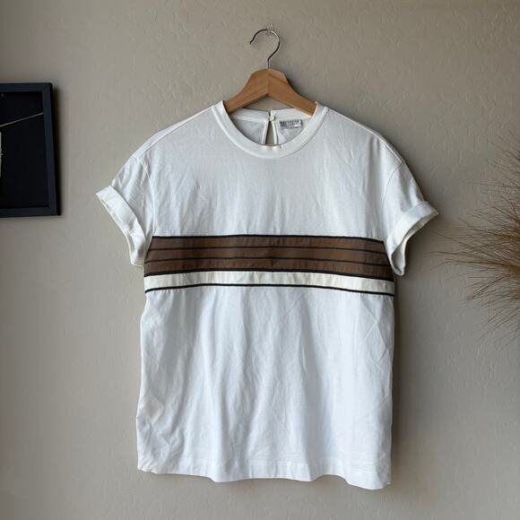Brunello Cucinelli White Stripe Patterned Crewneck Short Sleeve T-Shirt Size M - Picture 2 of 7